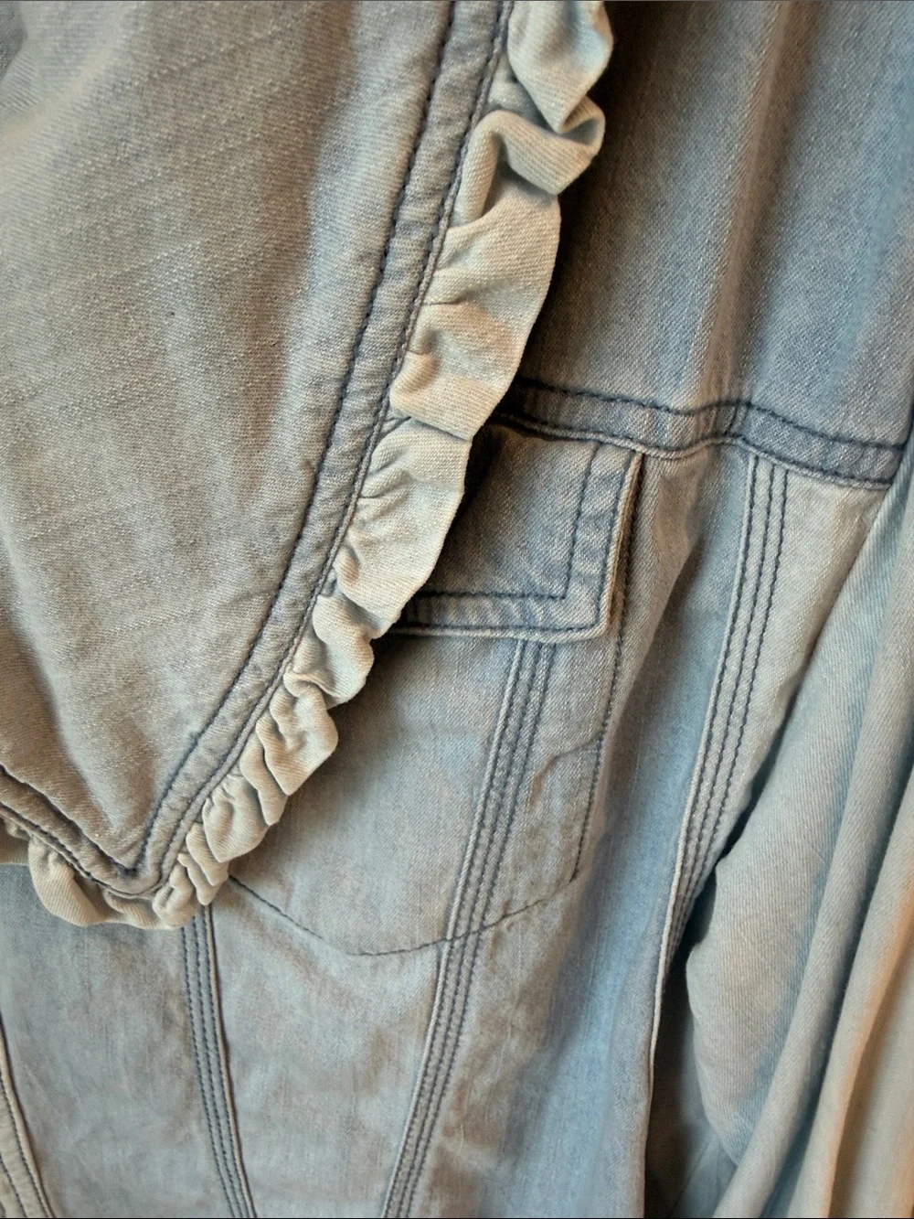 Free People Light Blue Ruffled-Trim Denim Shirt